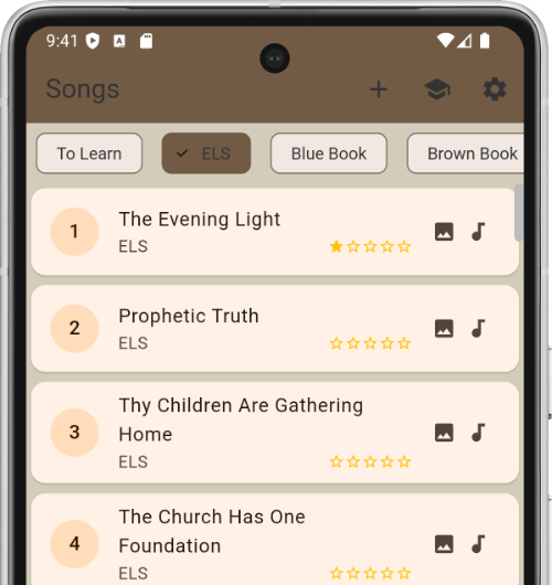 The Kookah Book song list, showing Evening Light Songs hymns with their numbers and learning ratings